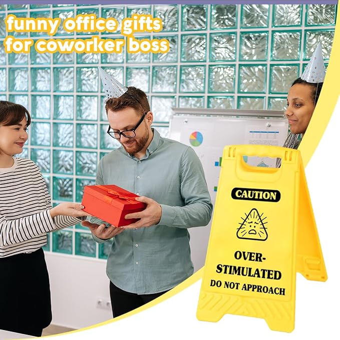 Funny Office Desk Accessories,Office Cubicle Decor Gift for Coworker HR Home Workspace Phone Holder Mirror Acrylic Table Signs,Work Humor Stress Relief Caution Desk Decor (Caution Overstimulated)
