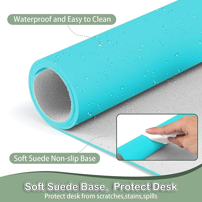 Boutilon Leather Desk Pad Protector,Non-Slip Mouse Pad,Laptop Desk Pad,Office Mouse Mat,Waterproof Leather Desk Blotter,Desk Writing Pad for Office and Home (XXL-Bright Blue,47.2"x 17")