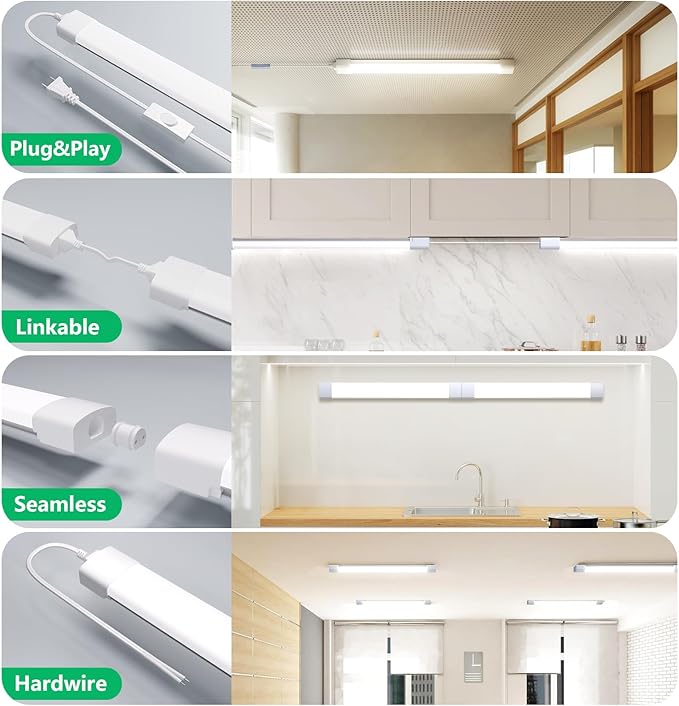 Modlicht LED Shop Light Fixture, 2FT Linkable 18W Plug in Wall Light, 5000K Closet Light for Workbench Kitchen Basement, Under Cabinet Lighting, LED Tube Light Fixture with Plug, Triproof, White