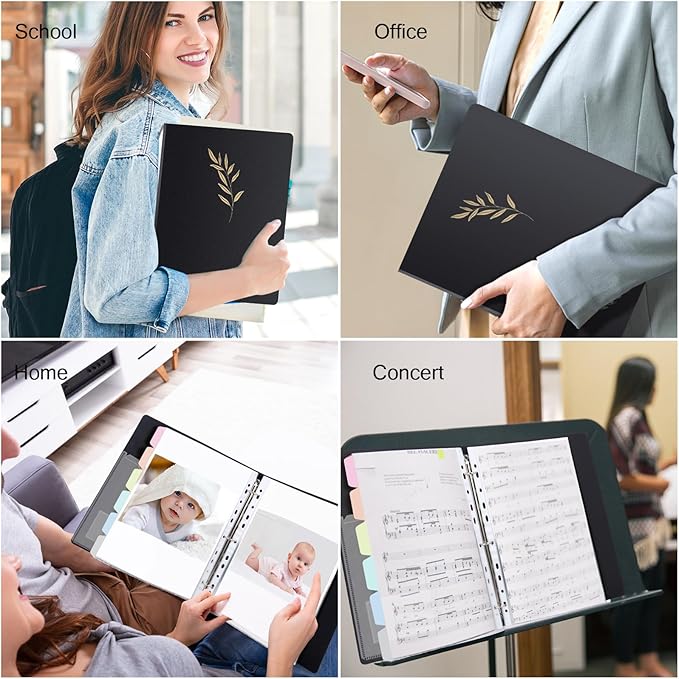 Uquelic 50-Pocket Binder with Plastic Sleeves for Letter/A4 Size(11" x 8.5"), Golden Leaf Printed Cover, Document Binder Organizer for Papers, Certificates and Artwork with Rainbow PP Divider Pages