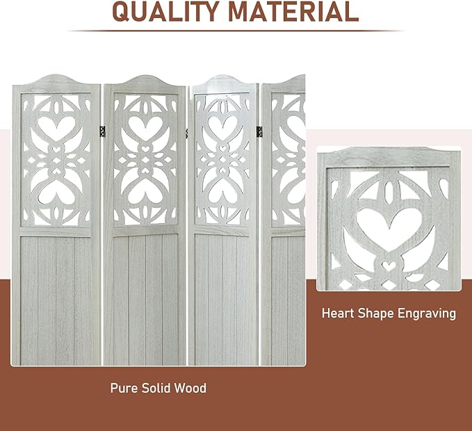 ALeesing 6 Panel Room Divider Fully Assembled, Carved Room Dividers and Folding Screens, 5.6Ft Wood Room Divider Screen Freestanding Partition Wall Dividers for Home Bedroom Office, Rustic White