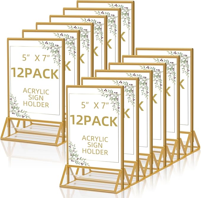PPH-Sisy 12 Pack Acrylic Sign Holder 5x7, Gold Frame Double Sided Display Stand, Clear Sign Holder Table Plastic Paper Holder, Acrylic Frames for Home Office Shop Photo Frames