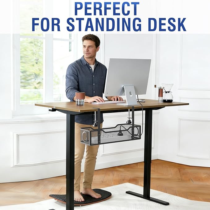 Under Desk Cable Management Tray, GZOKMOG Cord Management with Upgraded Clamp No Drill, Metal Cable Management Box for Home Office, Wire Management for Standing Desk, 1 Pack Black, 13.38 inch