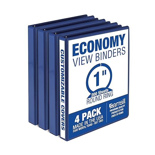 Samsill 1 Inch 3 Ring Binders, Made in USA, Economy Round Ring, Clear View Cover, 200 Sheet Capacity - for School, Home, Office - Blue, 4 Pack