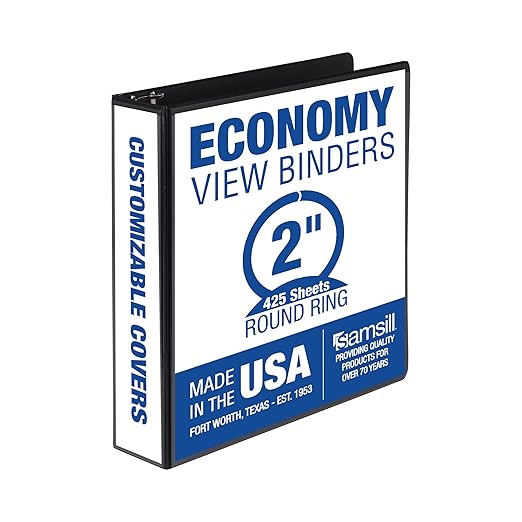 Samsill 2 Inch 3 Ring Binder, Made in USA, Economy Round Ring, Clear View Cover, 425 Sheet Capacity - for School, Home, Office - Charcoal Black