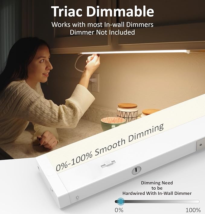 Leetdud LED Under Cabinet Lighting Hardwired or Plug in, 24 Inch 12W, Dimmable 5 Color 2700K/3000K/3500K/4000K/5000K, Linkable Eyes Care Design Counter Lights for Kitchen, Sink, ETL Listed, White