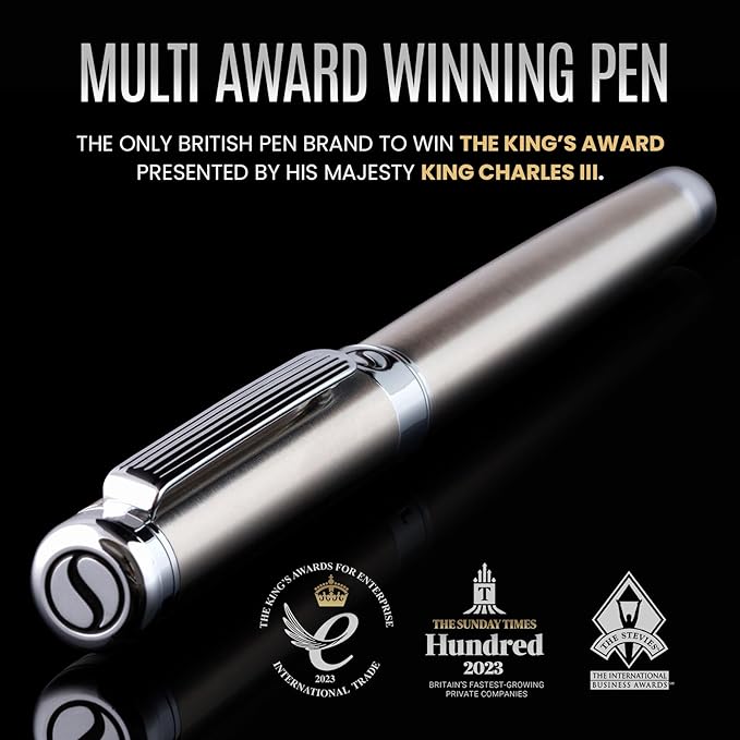 Scriveiner Stainless Steel Fountain Pen - Stunning Luxury Pen with Steel Finish, Schmidt Steel Nib (Medium), Pen Gift Set for Men & Women, Professional, Executive Office, Nice Designer Pens