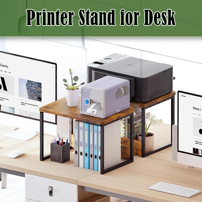 MARTY Desktop Printer Stand 2 Pack Printer Stand with Storage for Desk, Shelf Organzier for Home/Office Printer Riser Under Desk Small Table for Fax Machine Scanner(Rustic Brown)