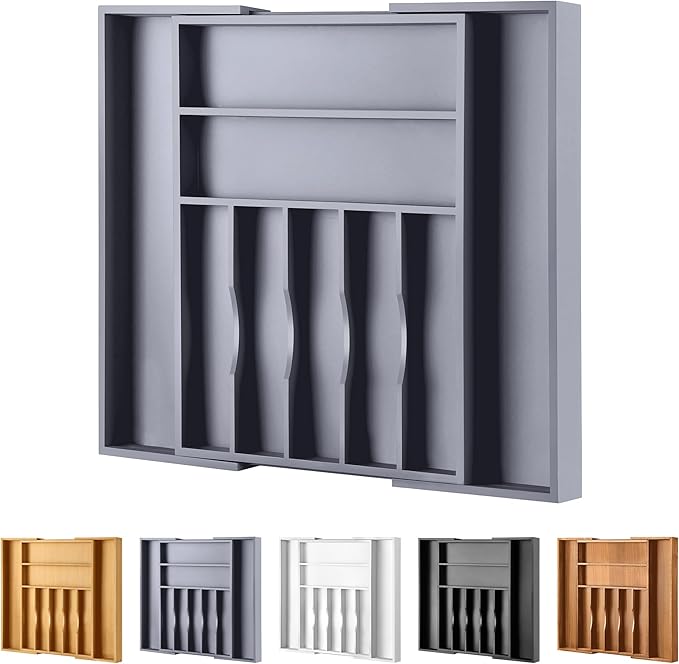 oridom Large Premium Bamboo Silverware Organizer - Expandable Drawer Organizer & Utensil Organizer - 17"x19.7" Cutlery Tray with Dividers for Kitchen Utensils and Flatware (7-9 Slots) (Grey)