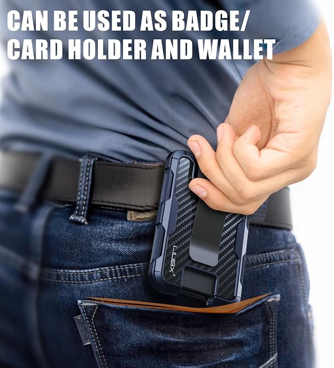 LIUGX Carbon Fiber Badge Holder, ID Card Holder with Metal Clip - Heavy Duty Portable Wallet (Holds 1to 4 Cards),for Office Police Worker Outdoor, Dark Blue