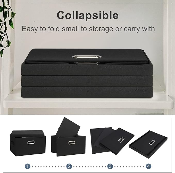Graciadeco Medium 15" 21 Quart Collapsible Stackable Storage Bins with Lids, 1 Pack Black Foldable Fabric Closet Storage Boxes with Lids, 4 Handles Heavy-duty Linen Cube Baskets for Bedroom