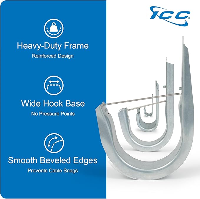 ICC 1-5/16"-Inch Wall Mount J-Hook – 25-Pack, Cable Support Hooks Without Retainer Clips, Galvanized Steel with Zinc Finish – for Structured Cabling and Cable Management