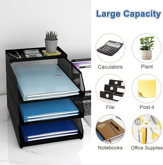 Natwind 3-Tier Desk Organizer,Desk Accessories, Stackable Paper Tray, Metal Mesh Desktop Organizer, Paper Sorter, Letter Trays,File Document Storage Rack for for Home, Office, School (Black)