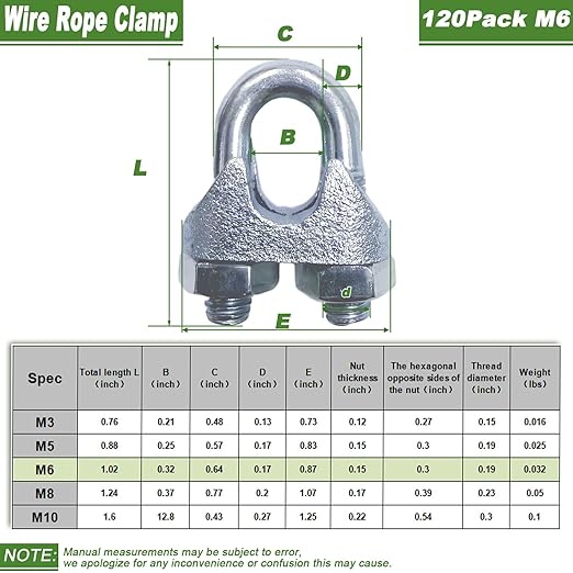 120PCS M6 Galvanized Zinc-Plated Wire Rope Cable Clamp Clips, 1/4" Wire Cable Clamps with U-Bolt Saddle Fasteners for Secure Rigging & Marine Use