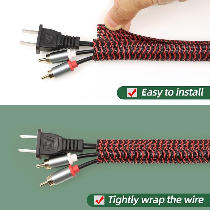 Split Wire Loom Tubing, Cable Protector Sleeve, Braided Cable Management for TV/Computer/Home Theater/Engine Bay, Cord Protectors from Pets No Chew (Red and Black, 1"-25ft)