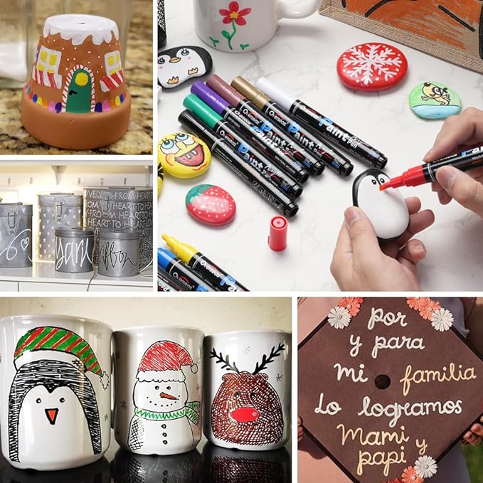Overseas Silver Paint Pens Paint Markers - Permanent Acrylic Markers 12 Pack, Water-Based, Quick Dry, Waterproof Marker Pen for Rock, Wood, Plastic, Metal, Canvas, Glass, Mugs. Medium Tip