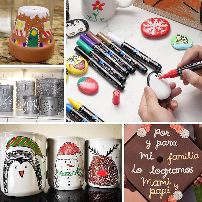 Overseas Black Paint Pens Paint Markers - Permanent Acrylic Markers 12 Pack, Water-Based, Quick Dry, Waterproof Marker Pen for Rock, Wood, Plastic, Metal, Canvas, Glass, Fabric, Mugs. Medium Tip