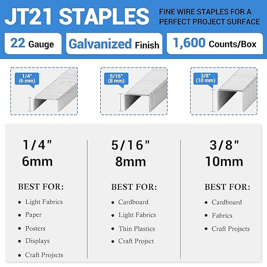 meite JT21 Staples, 1/4 Inch Galvanized Fine Wire Staples for Staple Gun - 1,600 Counts, 7/16" Crown JT21 Staple Refill, Ideal for Upholstery, Crafts, Furniture