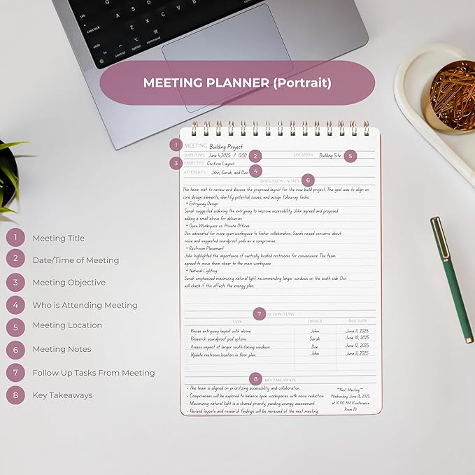 Merely Home | Meeting Notebook for Work | 8.25" x 11.75" | Project Planner | Simple Design | Multiple Layouts | Office and Business Planner (Navy, Meeting Planner - Portrait)