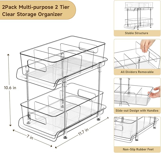 HIHEGD 2-Tier Bathroom Organizer with Dividers, Clear Under Sink and Pull-Out Cabinet Organizer for Kitchen and Pantry Storage