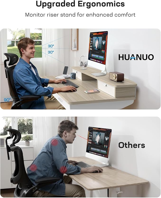 HUANUO 48 x 30 inch Electric Standing Desk with 4 Drawers, Adjustable Height Sit Stand Home Office Desk with Two Tiers, Ergonomic Adjustable Stand up Desk C-Clamp Monitor Mount Compatible, Natural