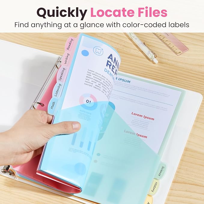 Sooez 8-Tab Binder Dividers with Two Pockets, 8 Tabs Dividers for 3 Ring Binder Organizers, 3-Hole Plastic Sheets Protectors for US Letter Size, School, College, Office Supplies, Pastels, Set of 1
