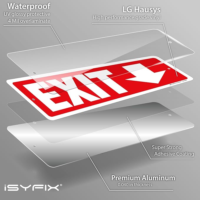 iSYFIX Exit Signs 2 Pack 12x4 Inch with Directional Down Arrows - Rust Free Aluminum, Laminated for UV, Weather, Scratch Resistance - Ideal for Offices, Schools, Theaters, Restaurants