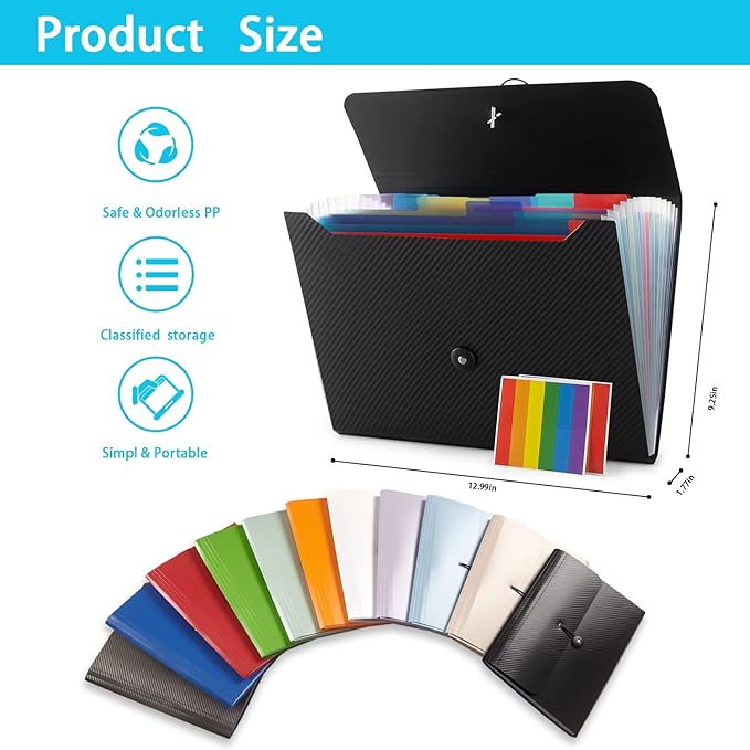 Nicfaec Expanding File Folder, 13 Pockets, Black, Polypropylene