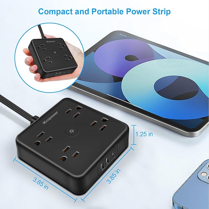 Surge Protector Power Strip 15 ft Cord,Long Power Strip with 4 Widely Outlets, Thin Extension Cord with 3 USB Ports(1 USB C Port),Slim Desk Charging Station,Black(2 Pack)