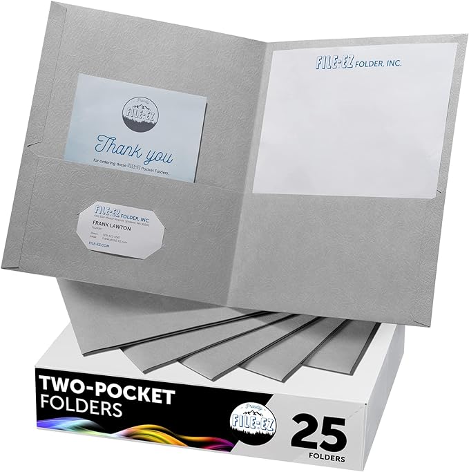 FILE-EZ Two-Pocket Folders, Gray, 25-Pack, Textured Paper, Letter Size (EZ-32530)