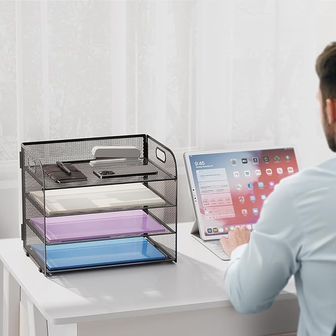 Marbrasse 4 Tier Paper Organizer Letter Tray - Mesh Desk File Organizer with Handle, Paper Sorter Organizer for Letter/A4 Office File Folder Holder (Black, 12.6" x 9.1" x 10.7")