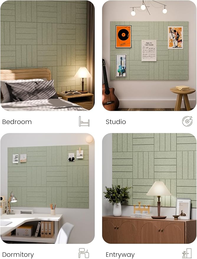 Fluxynara Felt Bulletin Board Tiles Large 48" x 36" Cork Board Alternative-12 Pack with 70 Adhesive Tabs, Thick Slat Wall Panels for Office Decor, Push Pin Board Wall Organizer Alternative -Sage