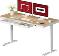 Standing Desk with Drawer, Electric Height Adjustable Home Office Desk with Storage & USB Ports, 55 inch Maple Wood Tabletop/White Frame