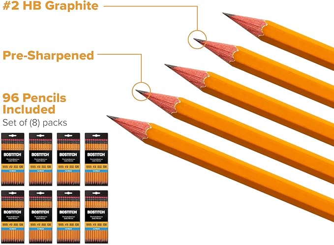 Bostitch Office Premium #2 Pencils, American Cedar Wood, Pre-Sharpened, HB Graphite, 96-Pack