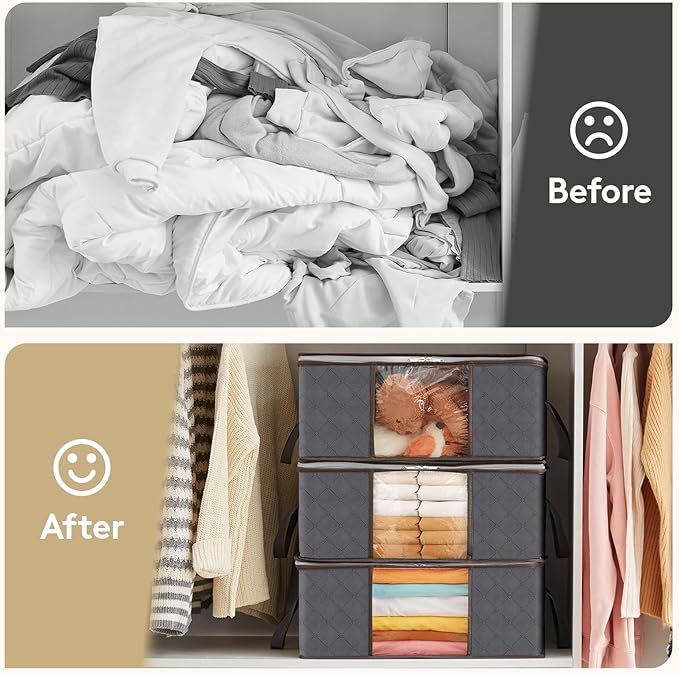 Lifewit 4 Pack Clothes Storage Bag, Foldable Storage Bin Closet Organizer with Reinforced Handle, Sturdy Fabric Blanket Storage with Clear Window, Storage Containers for Clothing, Bedding, Gray