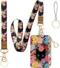 bolimoss Black Cat Flower Lanyard Wallet,Pu Leather Women Zid ID Case with Lanyards,Cute Neck & Wrist Lanyard Keychain for Women, Teacher, Nurse, Office Name Tag Badge Holder ID Card Holder