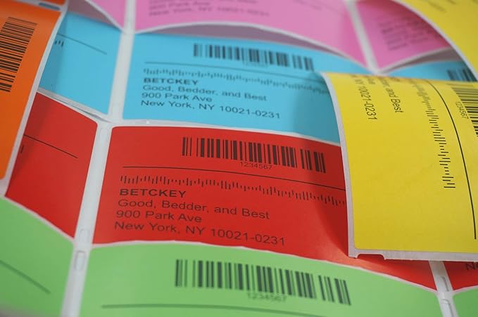 BETCKEY - 2" x 1.5" UPC Barcode & Address Labels Replacement for Zebra & Label Printer,Premium Adhesive & Perforated[Mixed: Light Blue + Red + Green + Pink + Orange + Yellow, 6 Rolls, 6000 Labels]