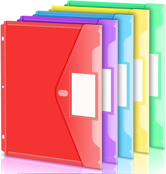 Forvencer Binder Pocket, 5 Pack Super Heavyweight Poly Binder Pocket with Tight Closure, Binder Folders Side Loading, 3 Ring, Binder Dividers with Pockets, Letter Size, Assorted Colors