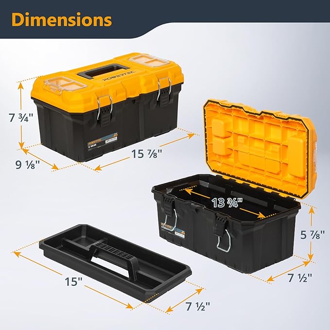 POWERTEC 16-Inch Tool Box with Trays - Lockable, Metal Latch, Organizer, Portable Storage for Tools, Small or Mid-Sized Parts (72119)