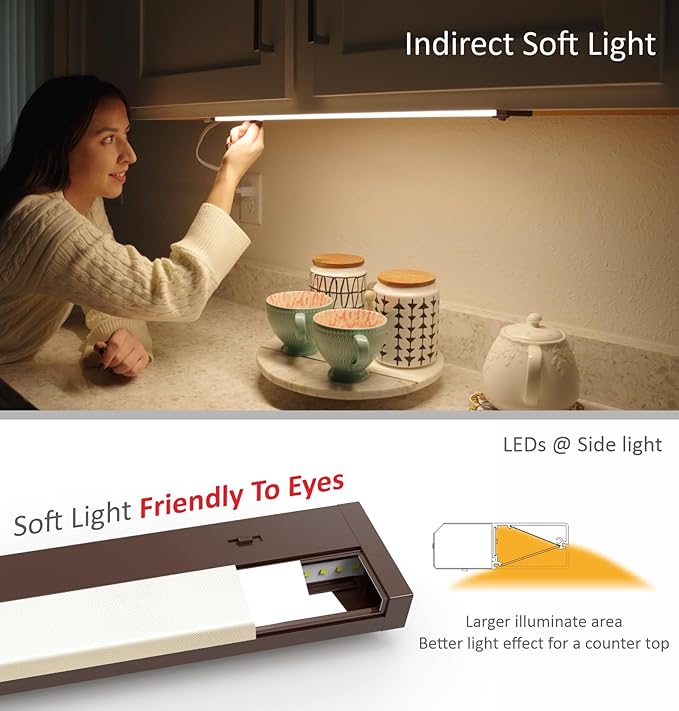 Leetdud LED Under Cabinet Lighting Hardwired or Plug in, 18 Inch 9W, Dimmable 5 Color 2700K/3000K/3500K/4000K/5000K, Linkable Eyes Care Design Counter Lights for Kitchen, Sink, ETL Listed, Bronze