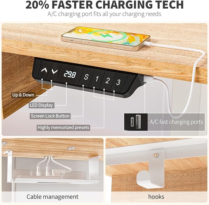 Kingant 63 x 30 Inch Electric Standing Desk with 4 Drawers, Adjustable Height Computer Desk for Home Office, Large Workstation Sit Stand Up Desk with Built-in USB A/C Charging Ports, Nature
