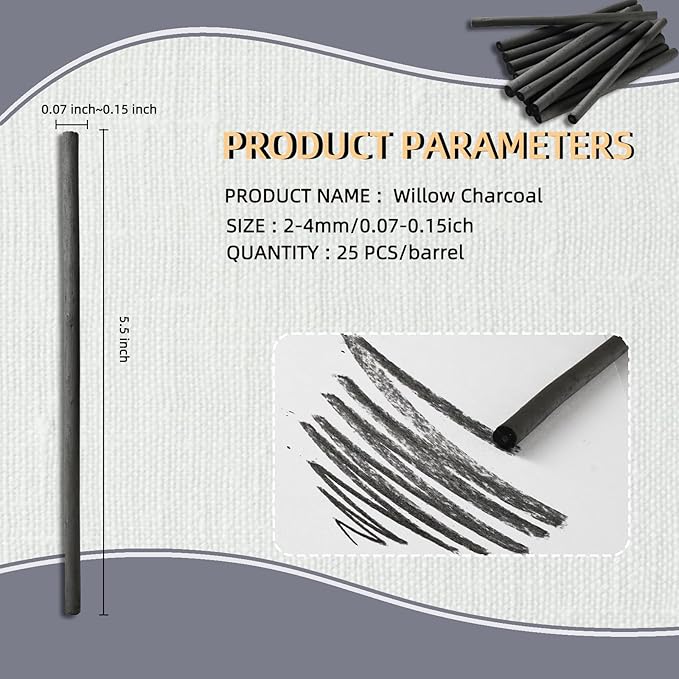 Trzzyan 25 PCS Willow Charcoal Sticks, Ideal for Artists, Beginners, Students, Perfect for Sketching, Drawing, Shading, and Fine Art, 5.7 Inches Long, 2-4,4-5,5-7,7-9 (2-4)