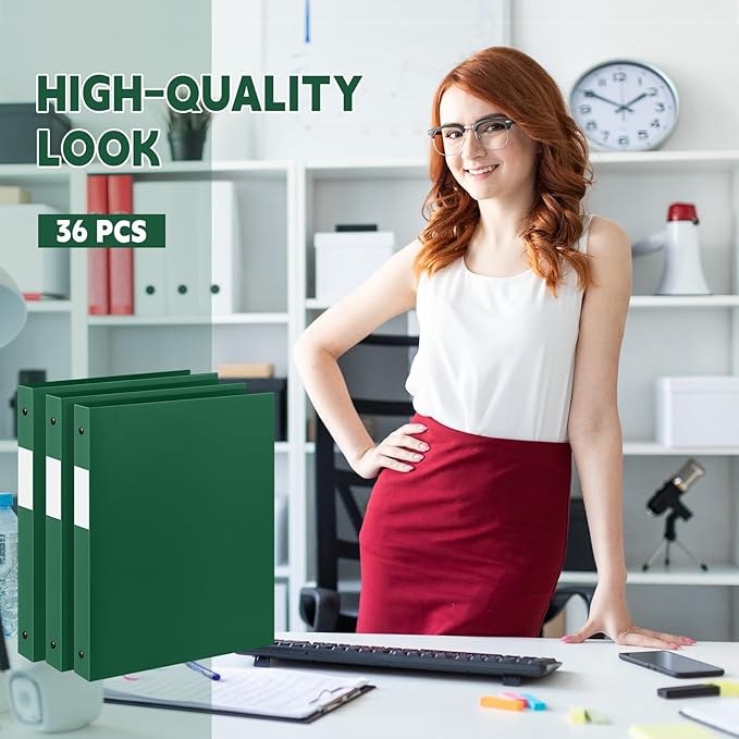 Henoyso 36 Pcs 3 Ring Binder 0.5 Inch Round Fits Letter Size 8.5'' x 11'' Paper Plastic Flexible Binder Bulk Holds 140 Sheets with 1 Pockets Versatile Organizer for Home Office School (Dark Green)