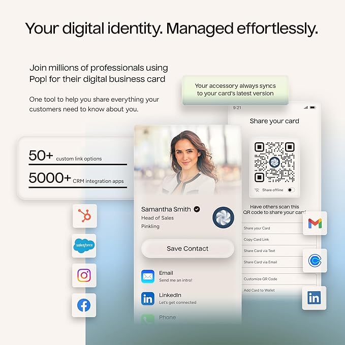 Popl Smart NFC Business Card - Sleek Modern Digital Business Card w/Instant App-Free Sharing - Customizable NFC Cards Compatible w/iPhone & Android (White)