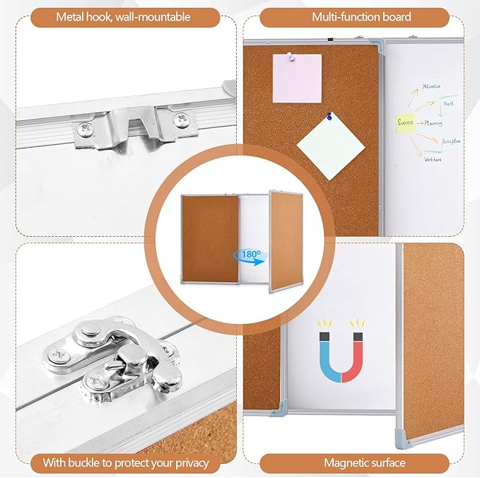Mooliwe 72"x24" Tri-fold Cork Board Whiteboard, Foldable Combination Magnetic Dry Erase Bulletin Board & Corkboard with Aluminum Frame Wall Mounted for Home, Office and School(Wood)