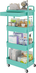 Calmootey 4-Tier Rolling Utility Cart with Drawer,Multifunctional Storage Organizer with Plastic Shelf & Metal Wheel,Storage Cart for Kitchen,Bathroom,Living Room,Office,Green