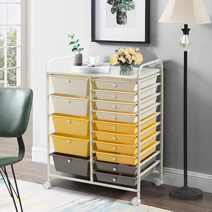 COSTWAY 15 Drawer Rolling Storage Cart, Multipurpose Mobile Storage Organizer w/Removable Drawers & Metal Frame, Utility Tools Paper Organizer on Wheels for Home, Office (Yellow, Beige & Grey)