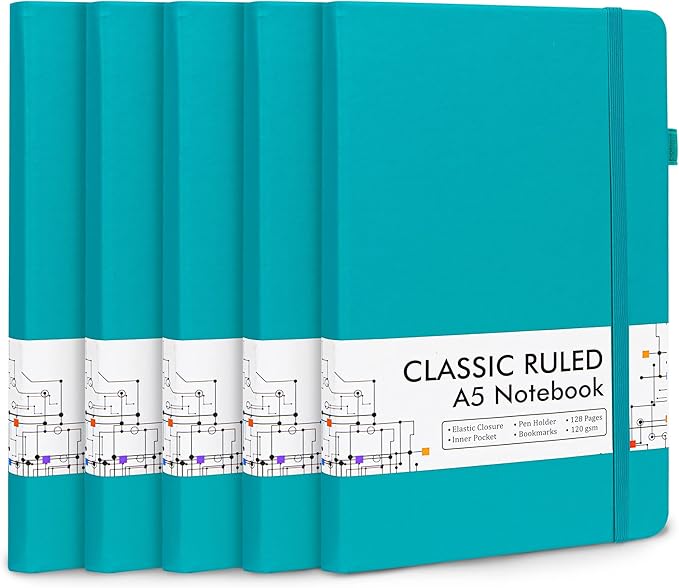 5 Pack Journal Notebook Bulk for School, Feela Hardcover Business Notebooks Classic Ruled Lined Journals with Pen Holder for Work Note Taking, with 5 Black Pens, 120 GSM, 5.1”x8.3”, A5, Emerald