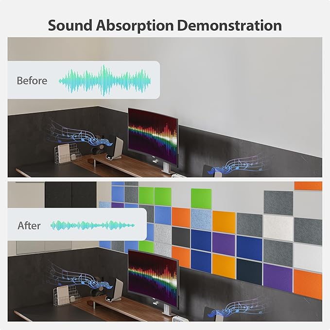 Amantech 12 Pack Acoustic Panels Self Adhesive Sound Proof Foam, High Density Sound Acoustic Panel, 16X12X0.4 Inch 4:3 Rectangle Panels in Home, Office, Reccording Room, Studio, more(Snow White)