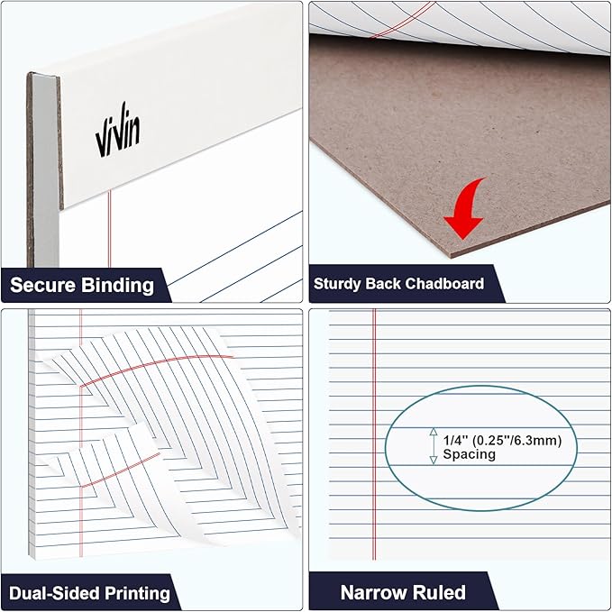 ViVin 5 x 8 Inch Legal Pads, 6 Pack, Narrow Ruled, 50 Sheets Per Writing Pad, Perforated Note Pads Ideal for Home, Office, Business, 300 Sheets, White Paper
